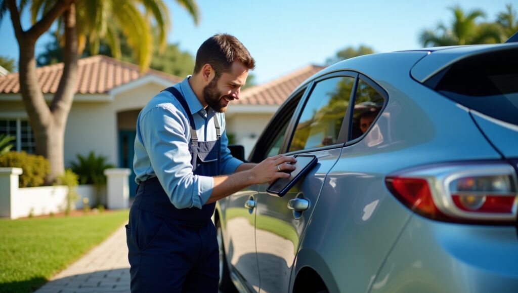 Orlando mobile mechanic performing car repairs in a driveway, providing quick and convenient service