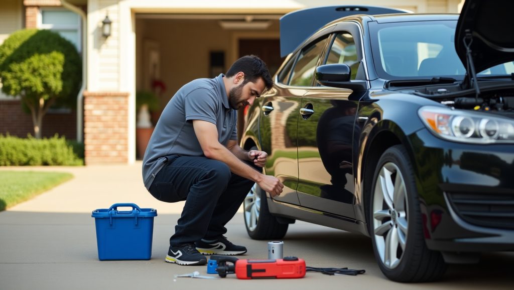 Orlando mobile mechanic performing car repairs in a driveway, providing quick and convenient service