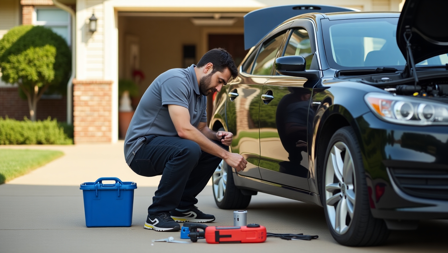 Orlando mobile mechanic performing car repairs in a driveway, providing quick and convenient service